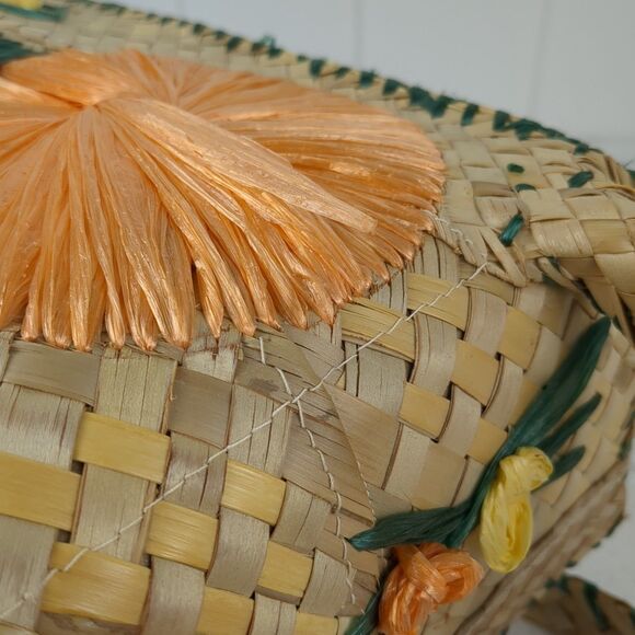 Vintage Large Woven Straw Raffia Bag Tote 1960s MCM Beach Floral - Picture 5 of 16